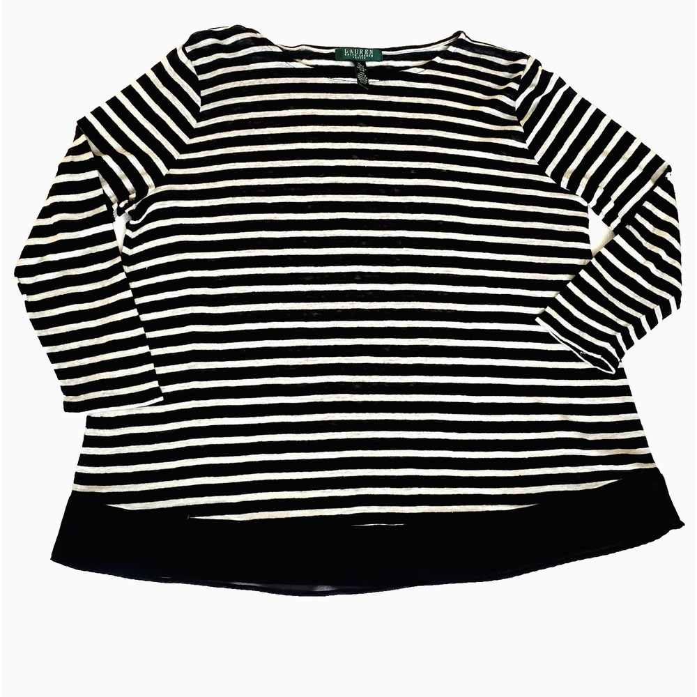 Lauren Ralph Lauren‎ Swing Striped Top Women's Petite PL Linen Black Hem Coastal